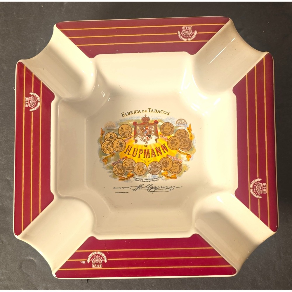 H. Upmann Ceramic Cigar Ashtray 4 Cigar Rest Burgundy Gold Tobacciana